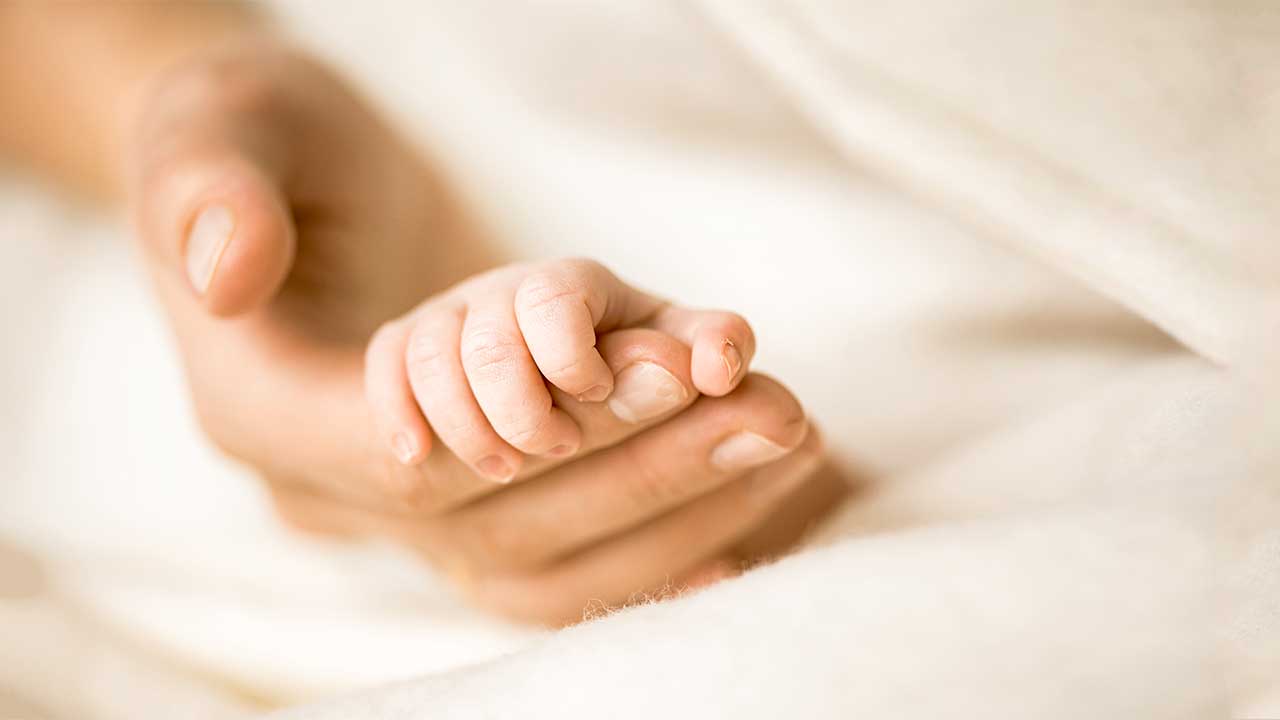 Frauenhand und Baby-Hand halten sich