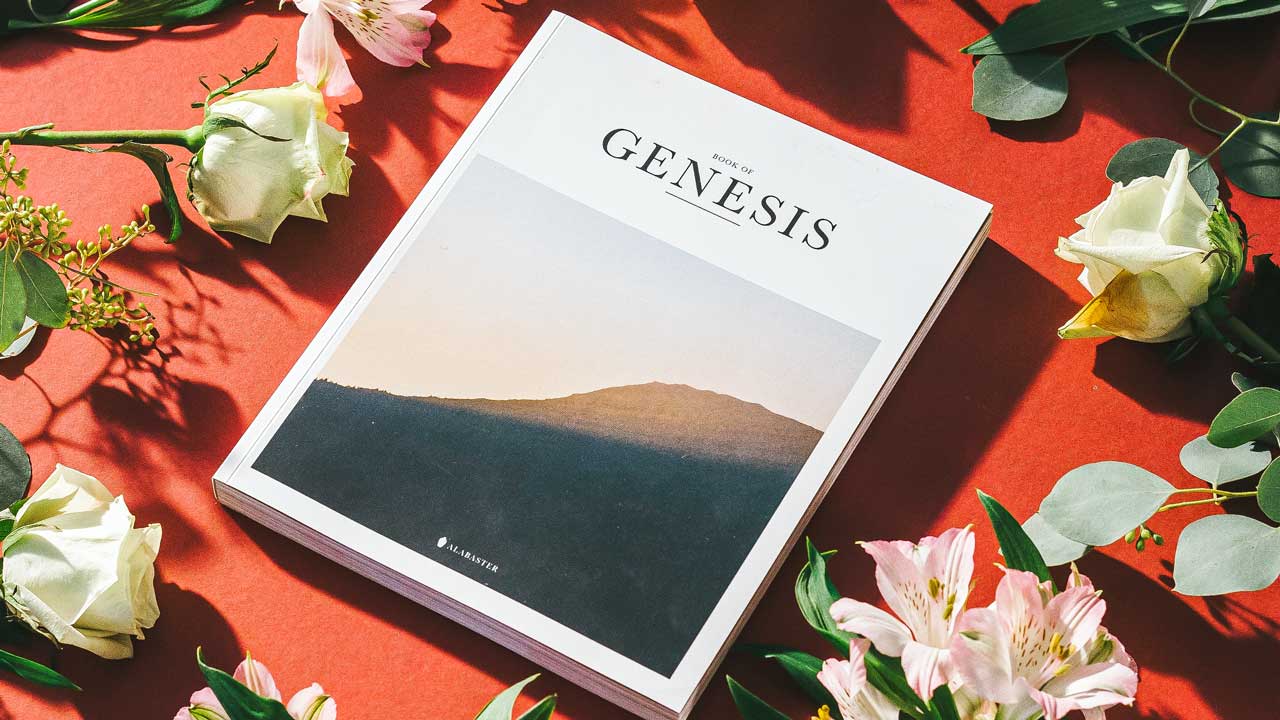 Das biblische Buch Genesis als Einzelbuch, vpn einzelnen Blumen umgeben