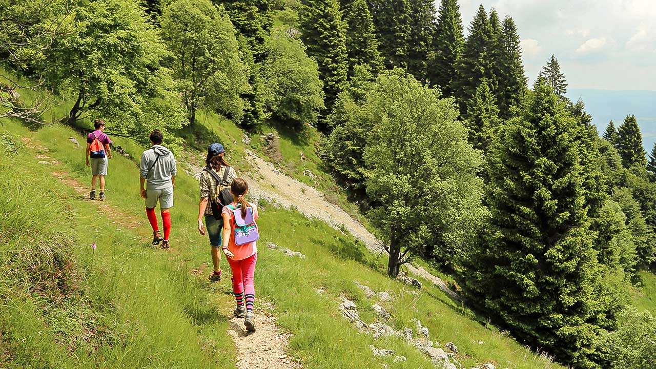 Vierköpfige Familie wandert in den Bergen