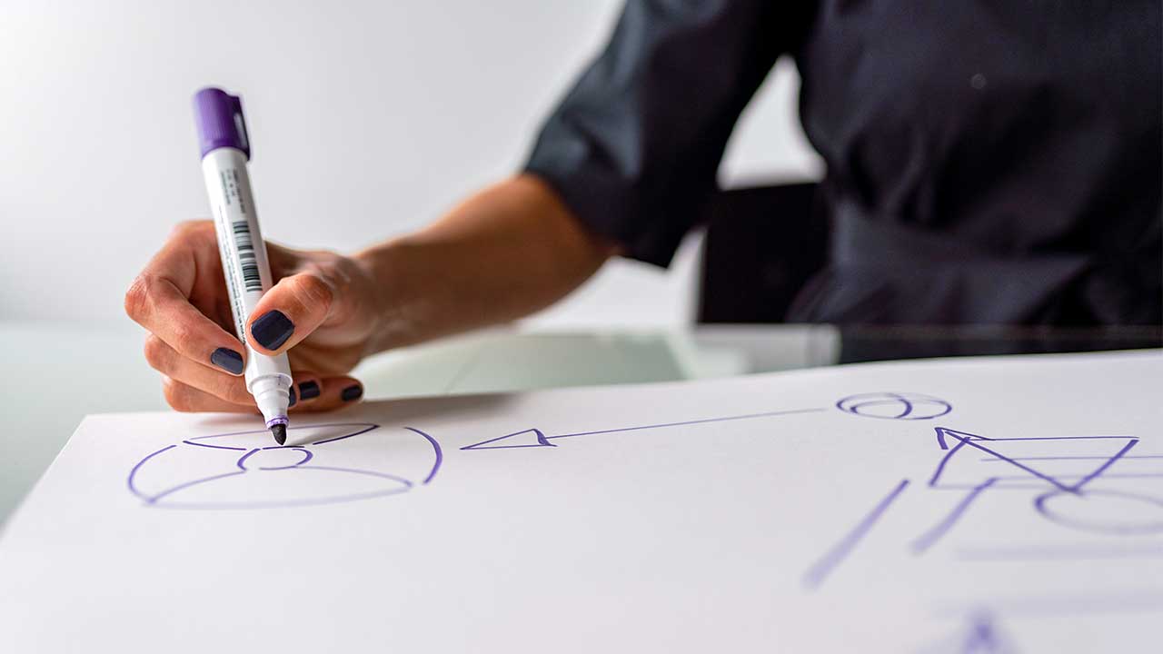 Frauenhand zeichnet mit einem Stift ein Diagramm auf ein Stück Papier